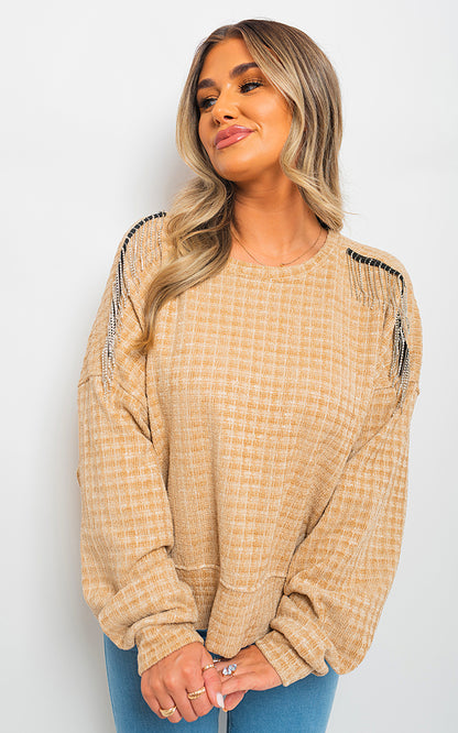 She Wears Glory™ Long Sleeve Knitted Jumper with Tassel Detail