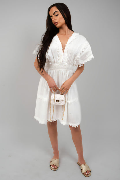 Short Sleeve Deep V-Neck Mini Dress with Open Back and Lace Trim - She Wears Glory Beverly Hills