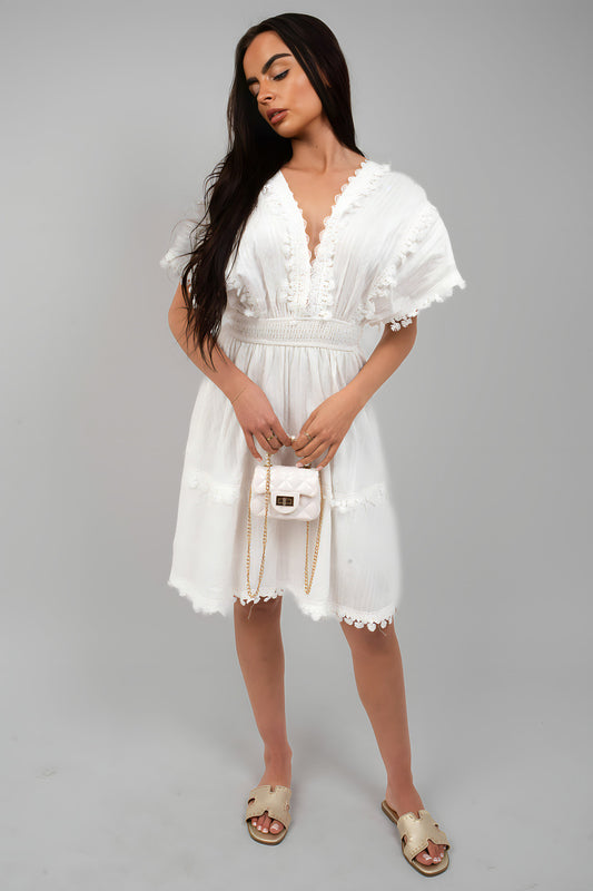 Short Sleeve Deep V-Neck Mini Dress with Open Back and Lace Trim - She Wears Glory Beverly Hills