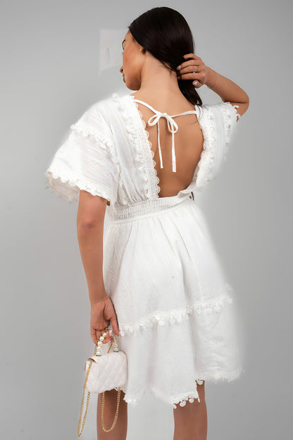 Short Sleeve Deep V-Neck Mini Dress with Open Back and Lace Trim - She Wears Glory Beverly Hills