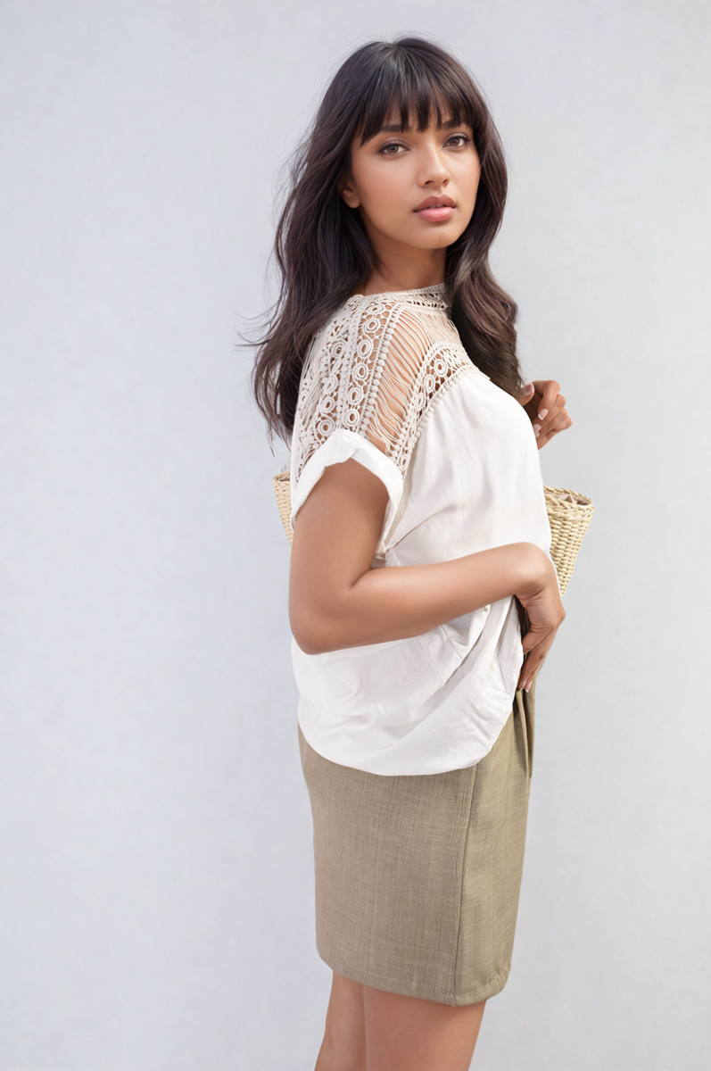 She Wears Glory™ Lace Insert Round Neck Hollow Top