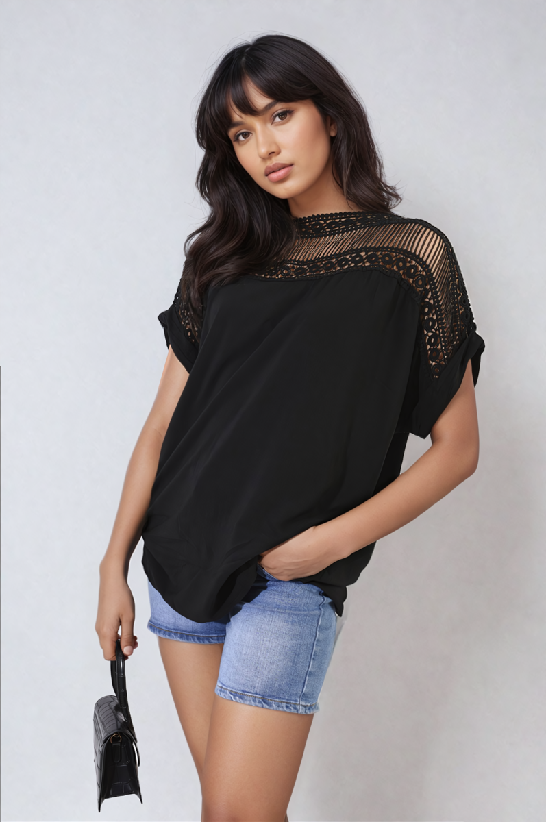 She Wears Glory™ Lace Insert Round Neck Hollow Top