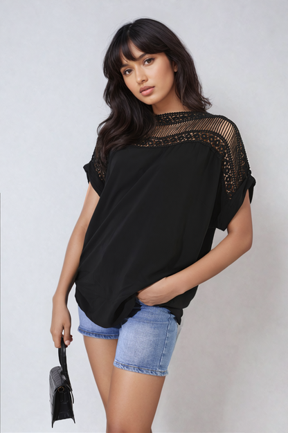 She Wears Glory™ Lace Insert Round Neck Hollow Top