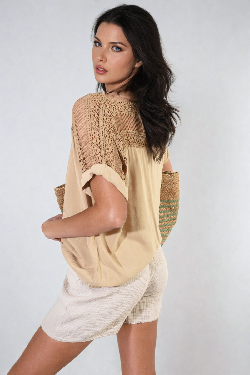 She Wears Glory™ Lace Insert Round Neck Hollow Top