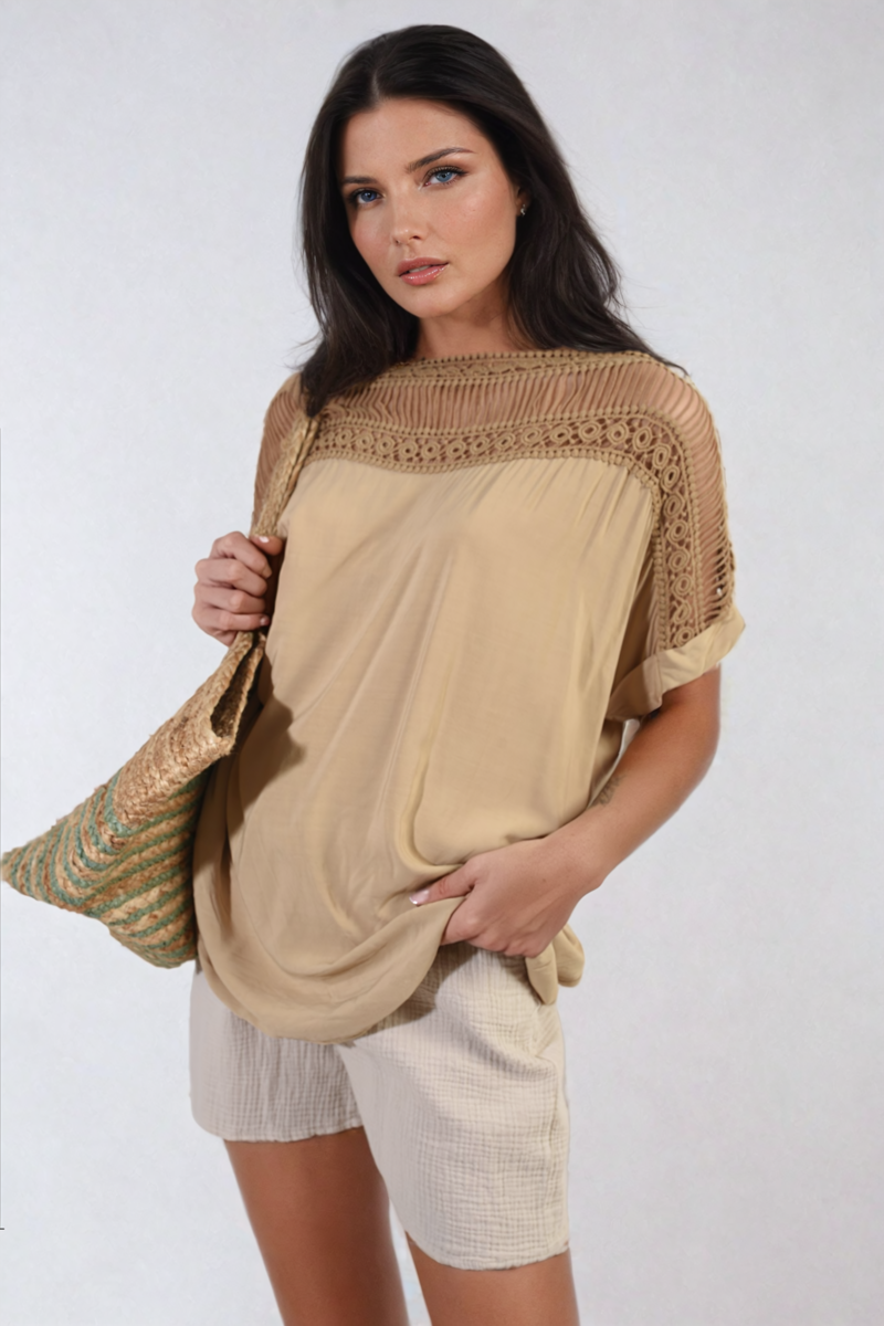 She Wears Glory™ Lace Insert Round Neck Hollow Top