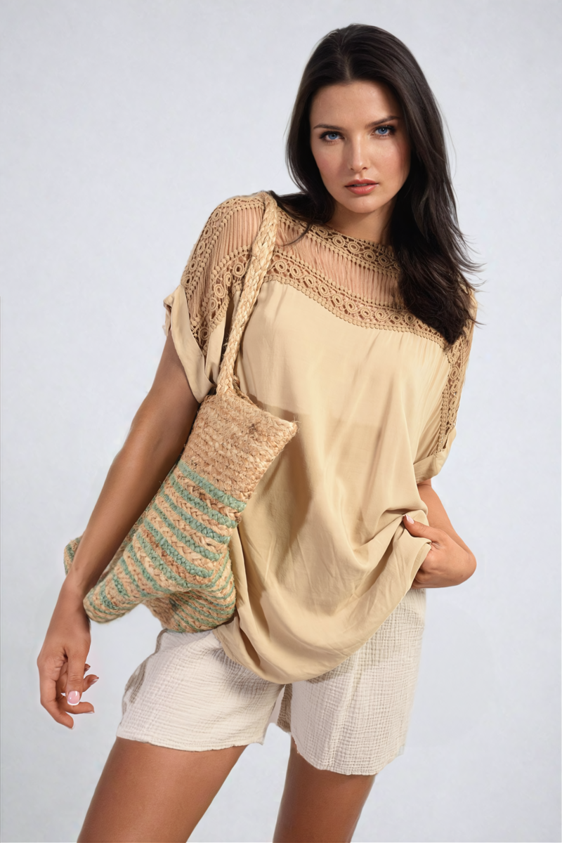 She Wears Glory™ Lace Insert Round Neck Hollow Top