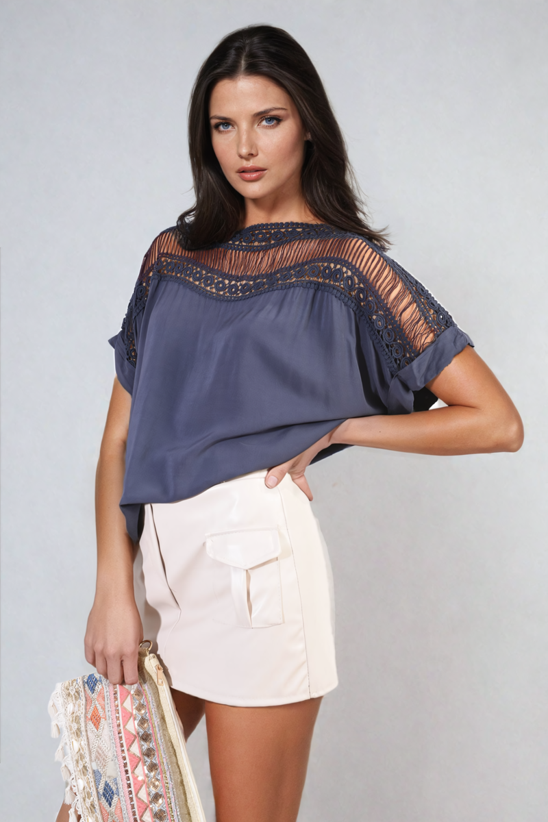 She Wears Glory™ Lace Insert Round Neck Hollow Top