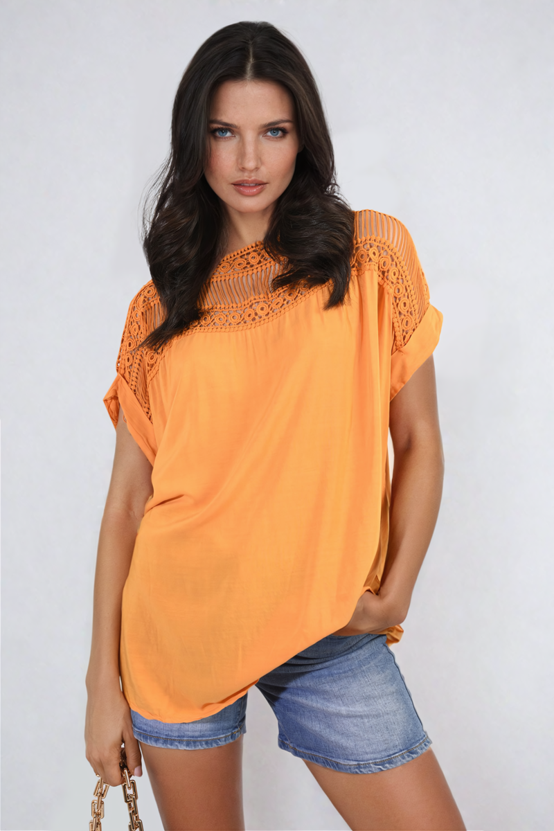 She Wears Glory™ Lace Insert Round Neck Hollow Top