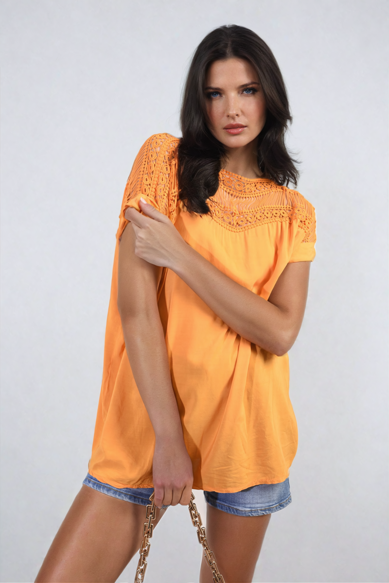 She Wears Glory™ Lace Insert Round Neck Hollow Top