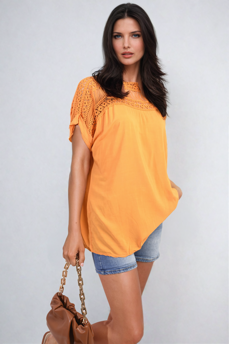 She Wears Glory™ Lace Insert Round Neck Hollow Top