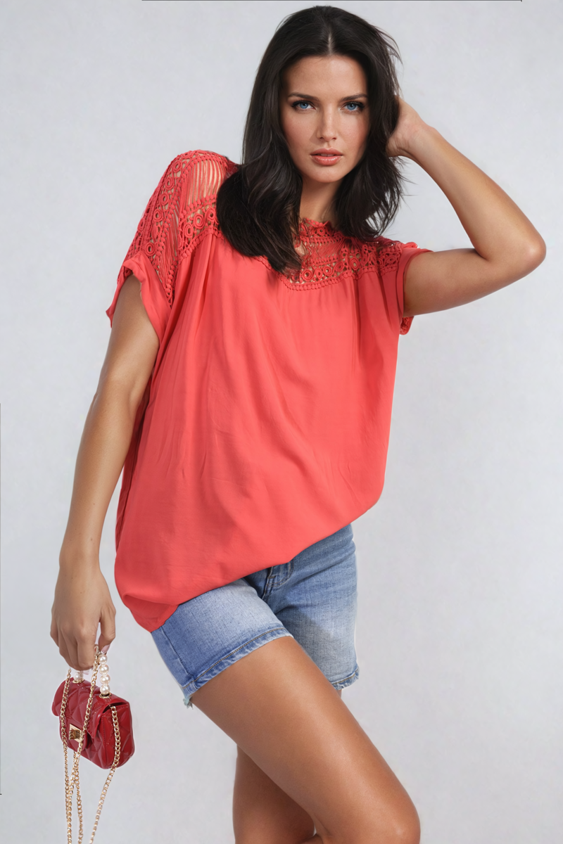She Wears Glory™ Lace Insert Round Neck Hollow Top