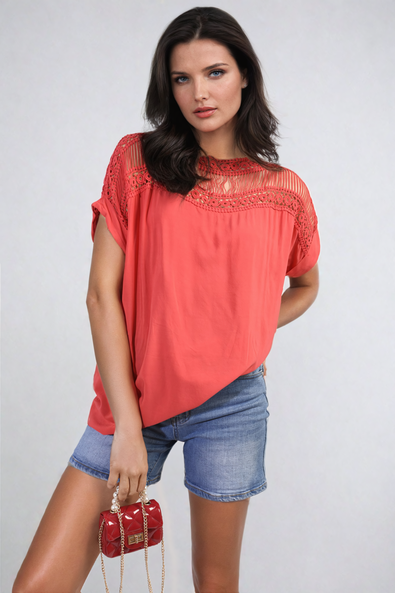 She Wears Glory™ Lace Insert Round Neck Hollow Top