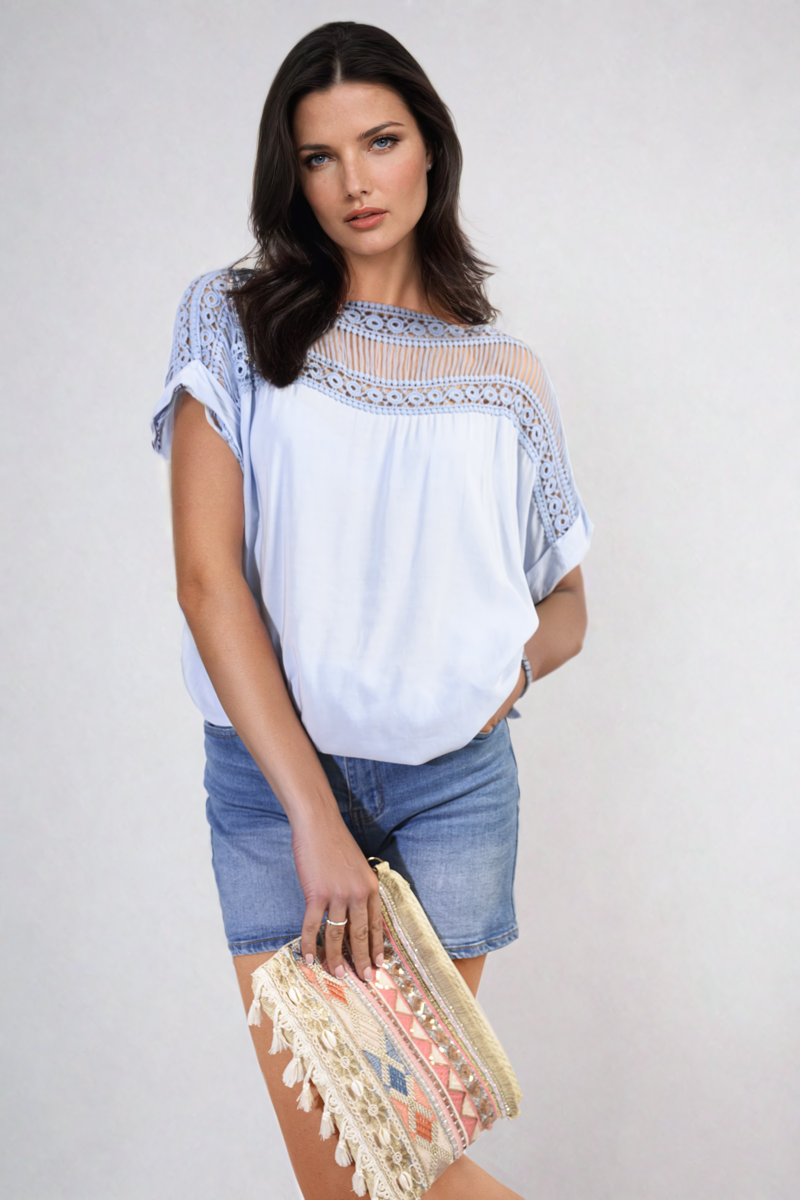 She Wears Glory™ Lace Insert Round Neck Hollow Top