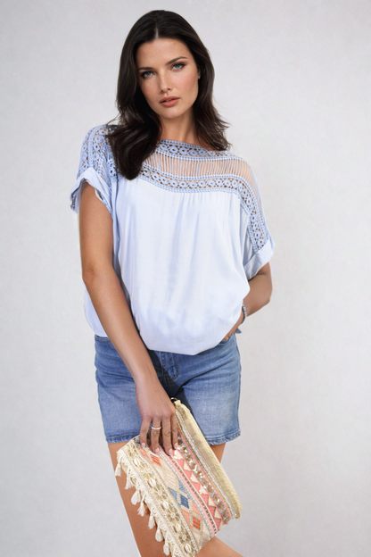 She Wears Glory™ Lace Insert Round Neck Hollow Top