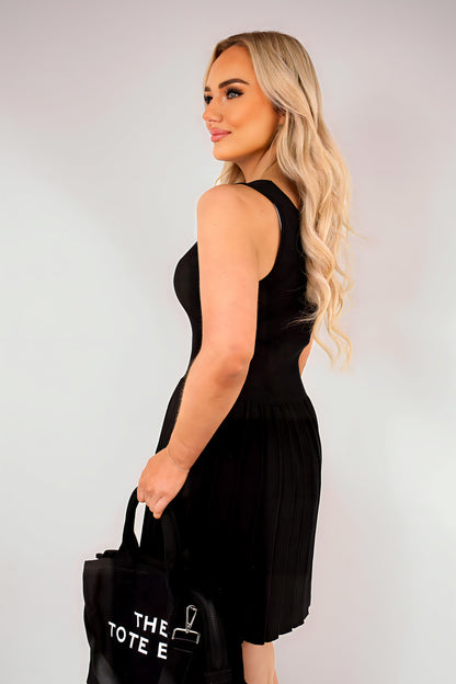 Sleeveless Square Neck Pleated Mini Dress with Gold Button Detail - She Wears Glory Beverly Hills