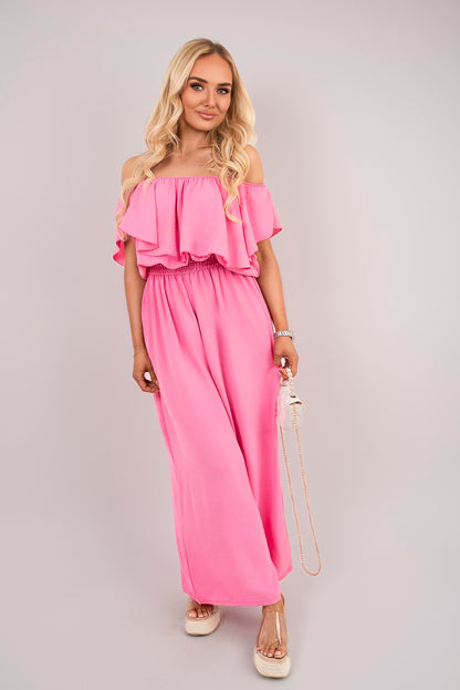 Off Shoulder Flared Wide Leg Jumpsuit with Ruffle Detail - She Wears Glory Beverly Hills
