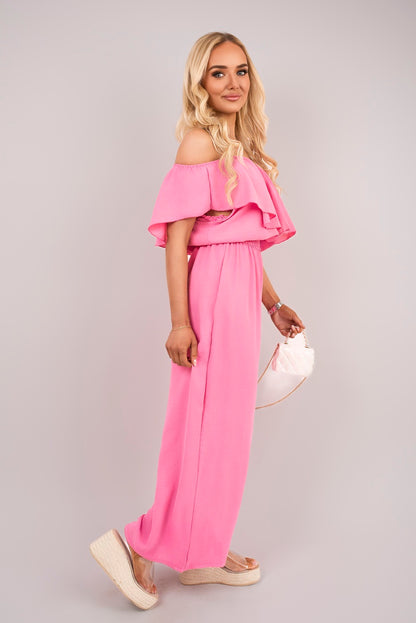 Off Shoulder Flared Wide Leg Jumpsuit with Ruffle Detail - She Wears Glory Beverly Hills