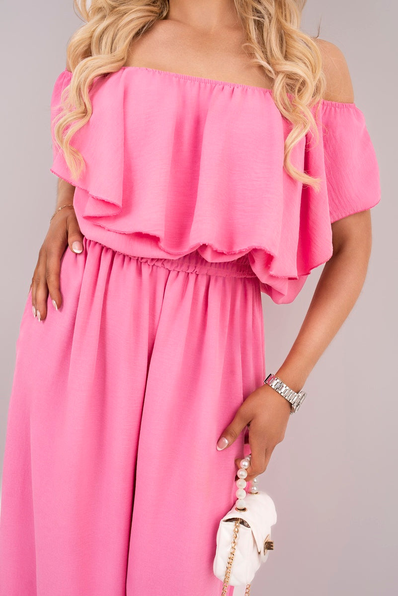 Off Shoulder Flared Wide Leg Jumpsuit with Ruffle Detail - She Wears Glory Beverly Hills