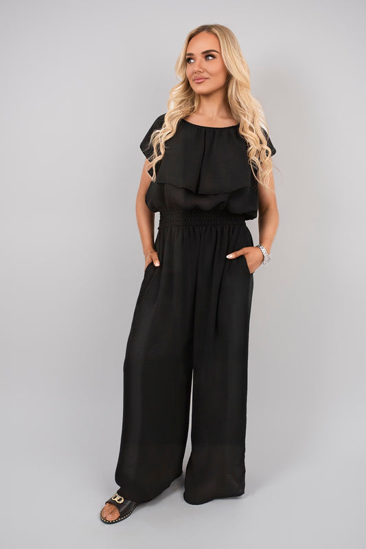 Off Shoulder Flared Wide Leg Jumpsuit with Ruffle Detail - She Wears Glory Beverly Hills
