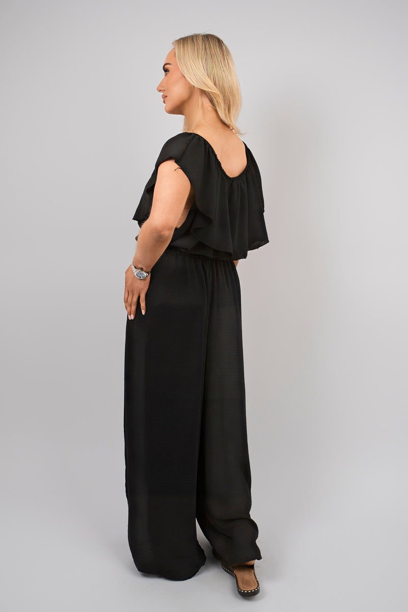 Off Shoulder Flared Wide Leg Jumpsuit with Ruffle Detail - She Wears Glory Beverly Hills