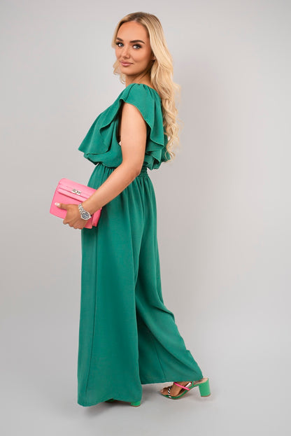 Off Shoulder Flared Wide Leg Jumpsuit with Ruffle Detail - She Wears Glory Beverly Hills