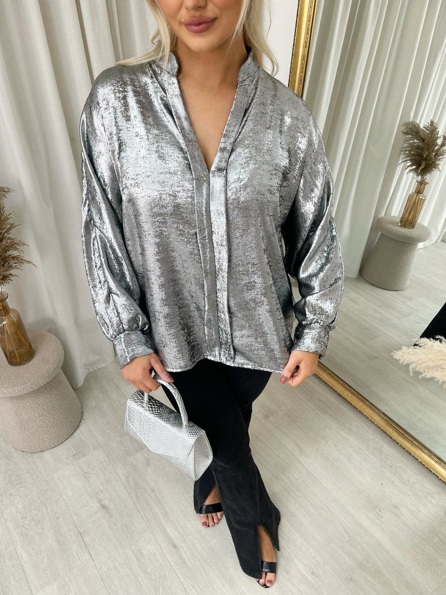 Metallic V-Neck Oversized Top - She Wears Glory Beverly Hills