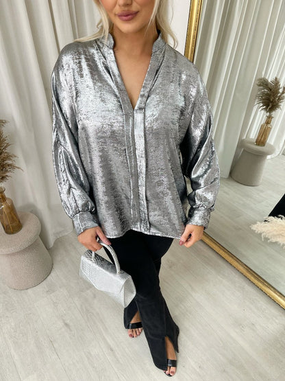 Metallic V-Neck Oversized Top - She Wears Glory Beverly Hills