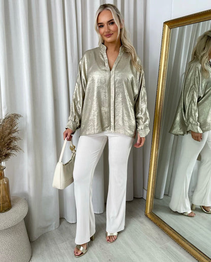 Metallic V-Neck Oversized Top - She Wears Glory Beverly Hills