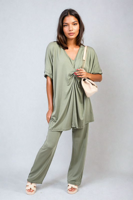 She Wears Glory™ Twist Front Plunge Neckline Top and Trouser Co-ord Set
