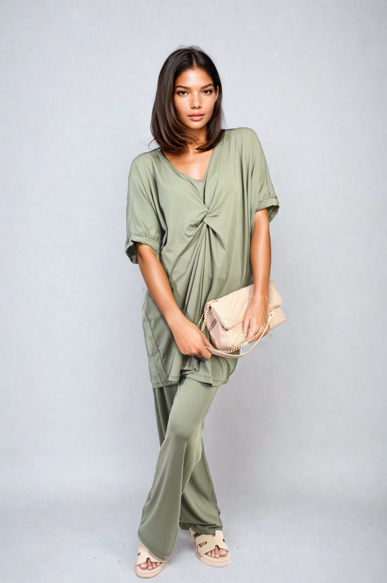 She Wears Glory™ Twist Front Plunge Neckline Top and Trouser Co-ord Set
