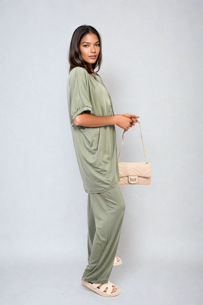 She Wears Glory™ Twist Front Plunge Neckline Top and Trouser Co-ord Set