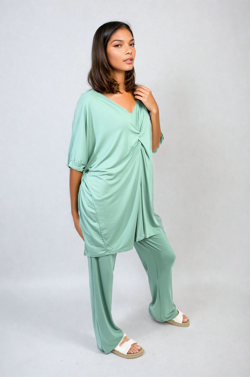 She Wears Glory™ Twist Front Plunge Neckline Top and Trouser Co-ord Set