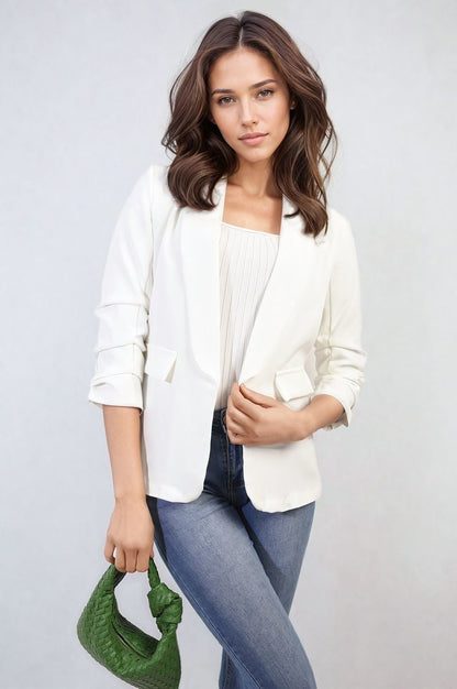 She Wears Glory™ Ruched Sleeve Open Front Blazer Jacket with Front Pockets