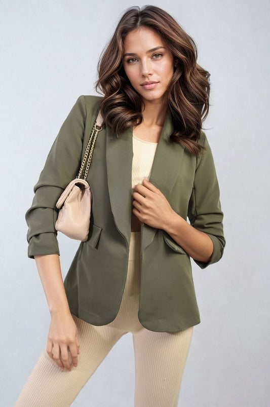 She Wears Glory™ Ruched Sleeve Open Front Blazer Jacket with Front Pockets