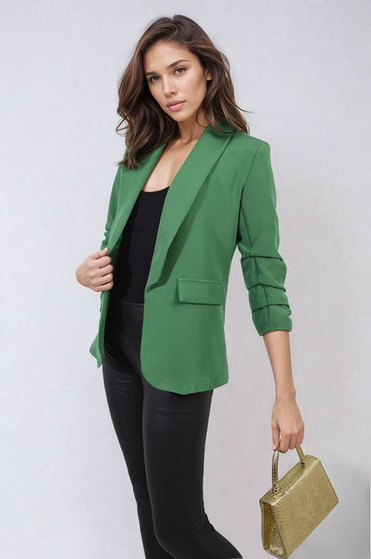 She Wears Glory™ Ruched Sleeve Open Front Blazer Jacket with Front Pockets