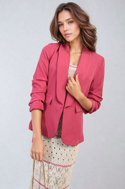 She Wears Glory™ Ruched Sleeve Open Front Blazer Jacket with Front Pockets