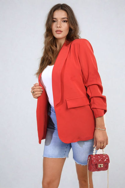She Wears Glory™ Ruched Sleeve Open Front Blazer Jacket with Front Pockets