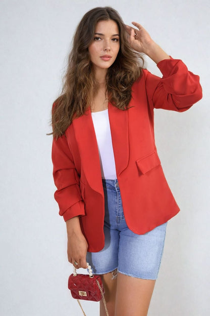 She Wears Glory™ Ruched Sleeve Open Front Blazer Jacket with Front Pockets