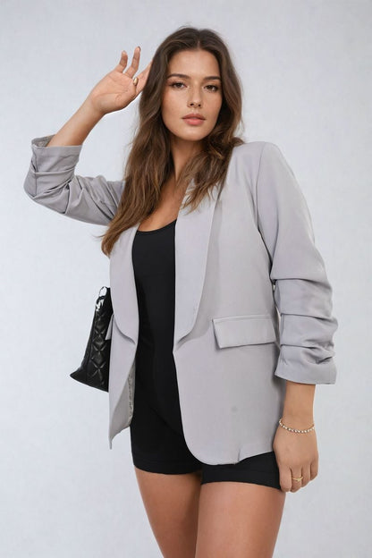 She Wears Glory™ Ruched Sleeve Open Front Blazer Jacket with Front Pockets