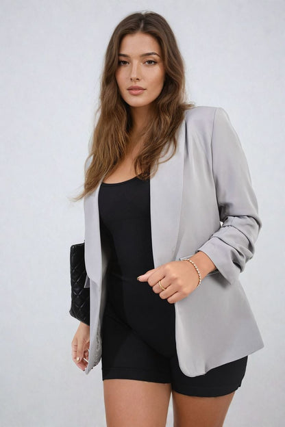 She Wears Glory™ Ruched Sleeve Open Front Blazer Jacket with Front Pockets