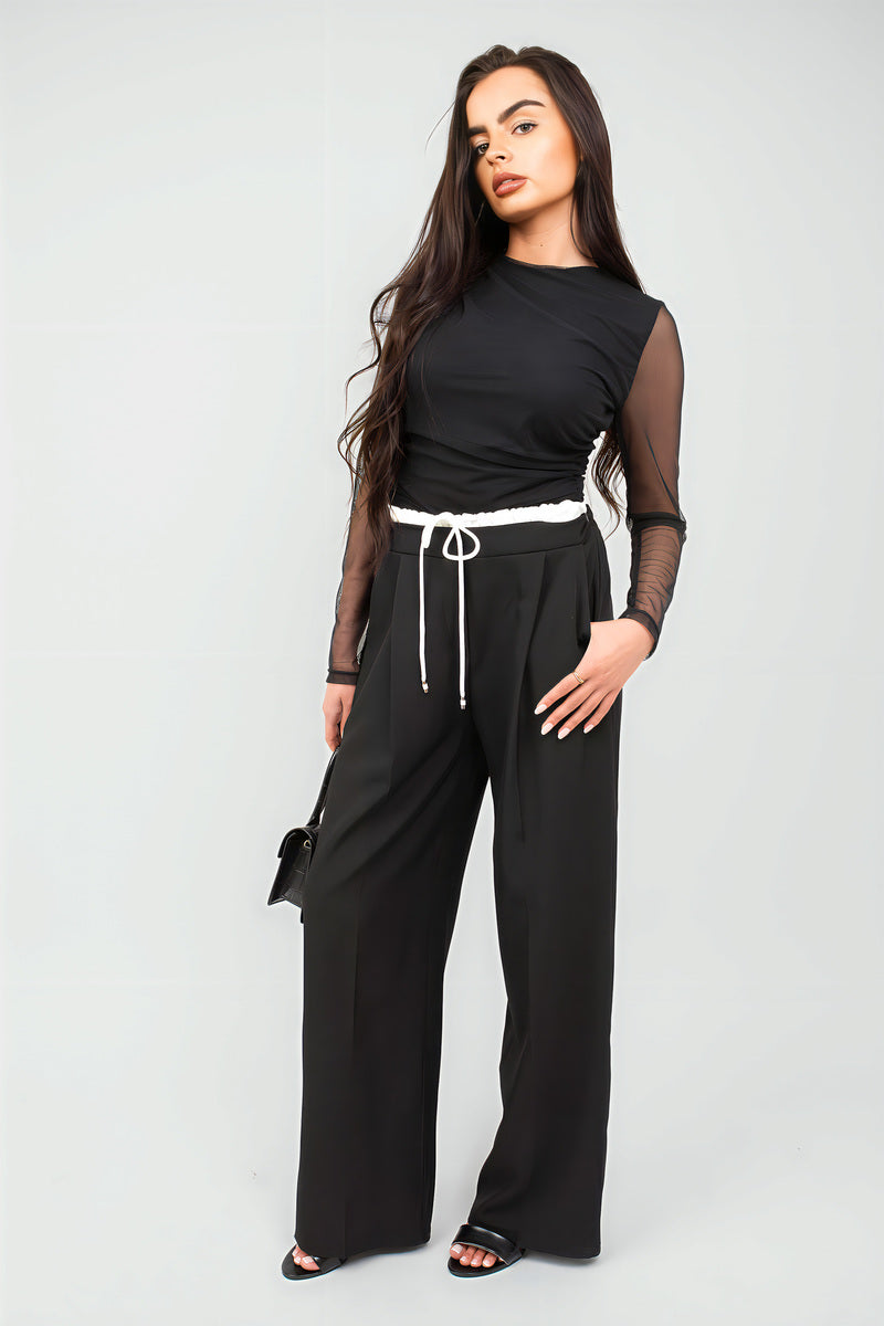Double Waist Band Drawstring Wide Leg Trousers - She Wears Glory Beverly Hills