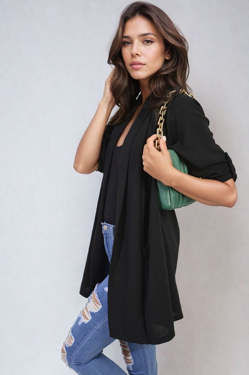 She Wears Glory™ Open Front Roll Up Sleeve Cardigan