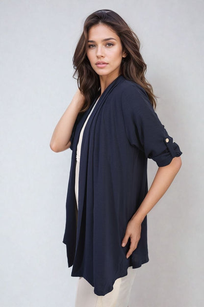 She Wears Glory™ Open Front Roll Up Sleeve Cardigan
