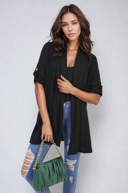 She Wears Glory™ Open Front Roll Up Sleeve Cardigan