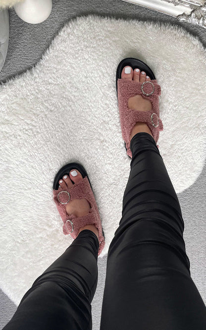 She Wears Glory™ Faux Fur Double Buckle Sliders