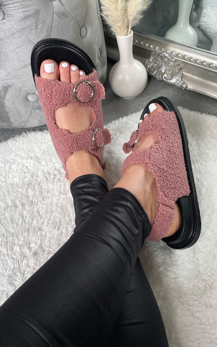 She Wears Glory™ Faux Fur Double Buckle Sliders