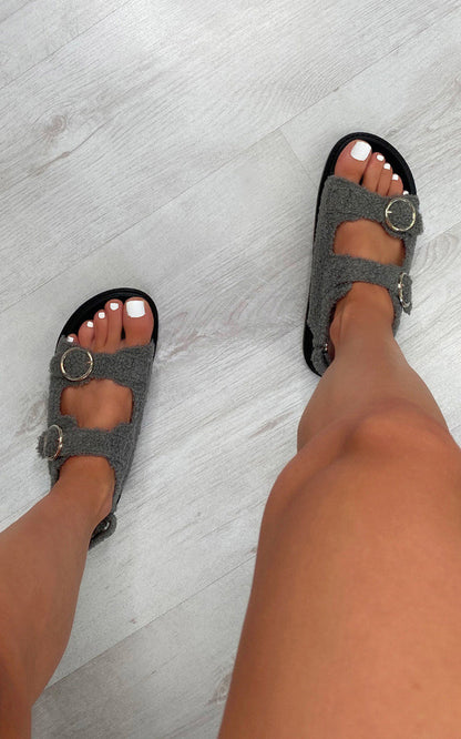 She Wears Glory™ Faux Fur Double Buckle Sliders