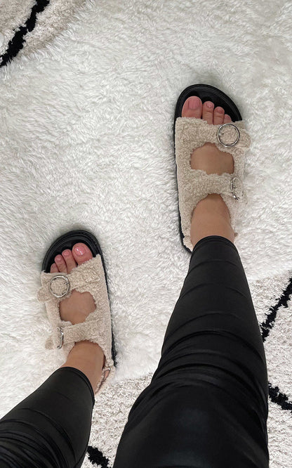 She Wears Glory™ Faux Fur Double Buckle Sliders