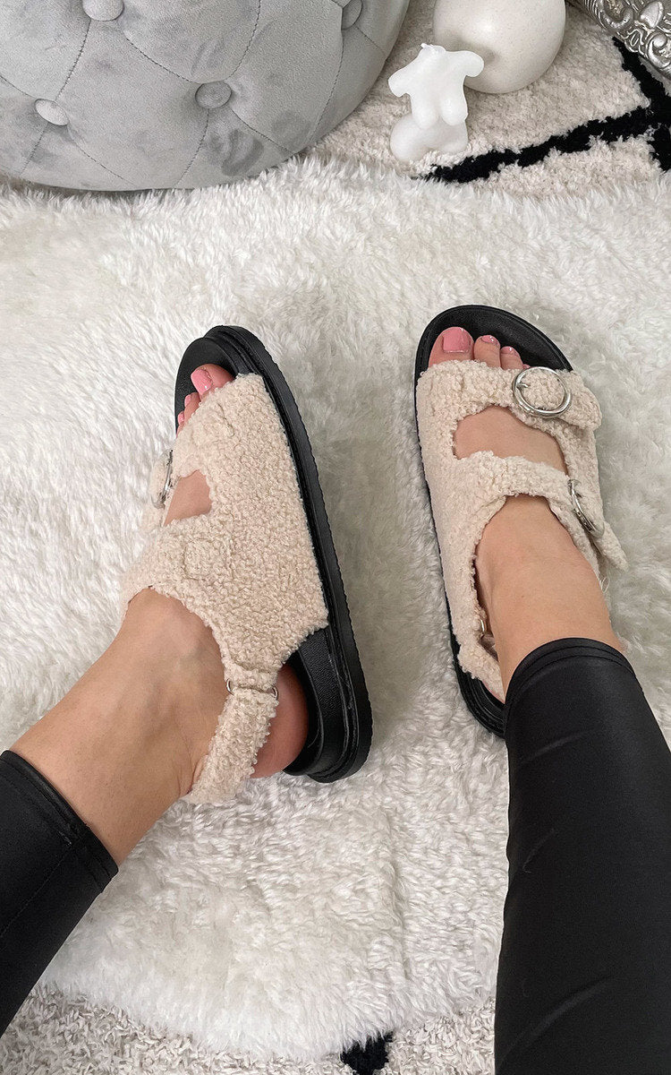 She Wears Glory™ Faux Fur Double Buckle Sliders