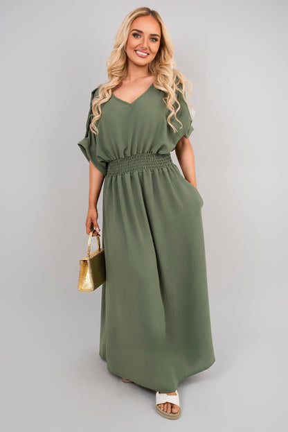 V Neck Short Sleeve Maxi Dress with Button Detail - She Wears Glory Beverly Hills